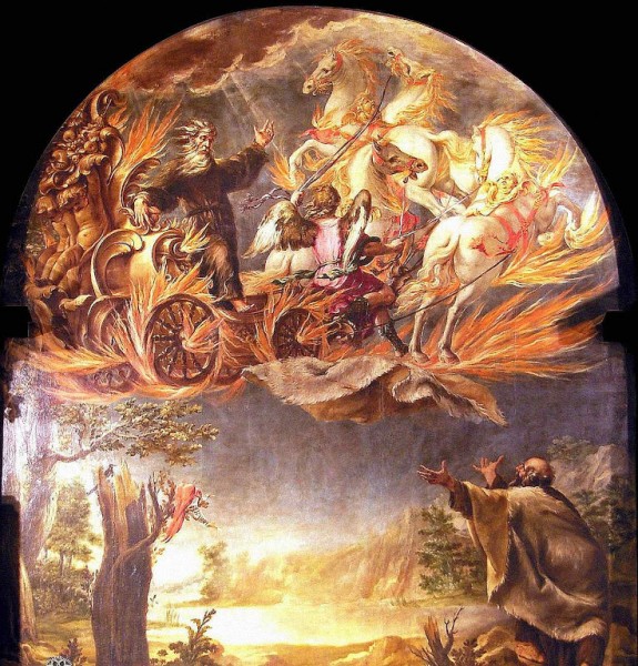 Santo Elias raptado num carro de fogo diante de Santo Eliseu.