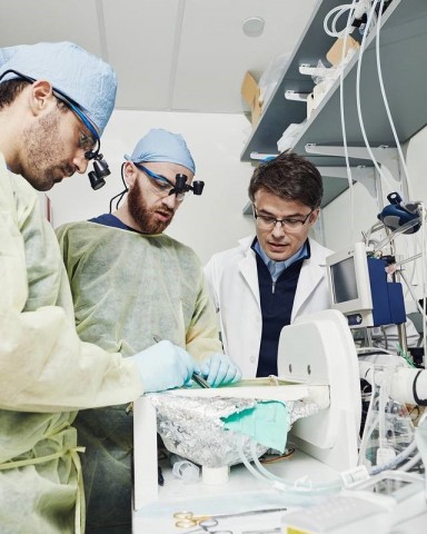 Stefano Daniele, Zvonimir Vrselja e Nenad Sestan com a máquina BrainEx no laboratório de Yale. Crédito: Thomas Prior / The New York Times.