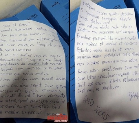 A carta, encontrada junto com o corpo de Larissa Alves, na noite de domingo (17). 